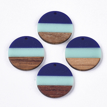 Tri-color Resin & Walnut Wood Pendants, Flat Round, Dark Blue, 28x3.5mm, Hole: 2mm