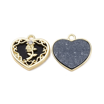 Alloy Micro Pave Cubic Zirconia Pendants, with Resin, Light Gold, Heart with Rose, Black, 19.5x20x3.5mm, Hole: 2mm