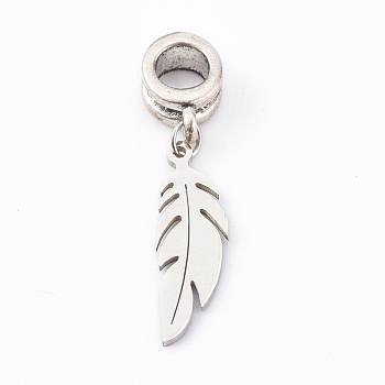 304 Stainless Steel European Dangle Charms, Large Hole Pendants, for Halloween, with Alloy Tube Bails, Feather, Antique Silver, 23mm, Hole: 4.5mm, feather: 20x6x1mm