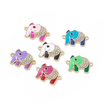 Alloy Crystal Rhinestone Connector Charms, Elephant Links, with Enamel, Light Gold, Mixed Color, 16x23x3mm, Hole: 1.6mm