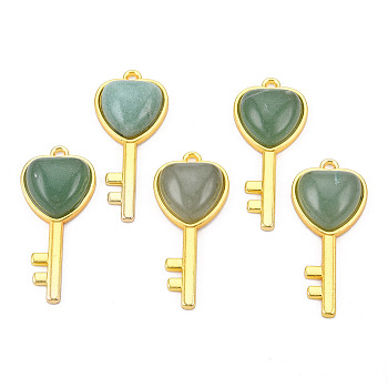 Natural Green Aventurine Pendants, with Light Gold Plated Brass Findings, Key with Heart Charm, 38x17x6.5~7mm, Hole: 1.8mm