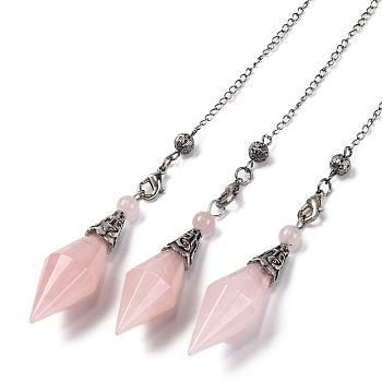 Natural Rose Quartz Rhombus Faceted Poined Dowsing Pendulums, with Rack Plating Antique Silver Tone Alloy Findings, Cadmium Free & Lead Free, 235mm