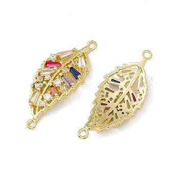 Brass Pave Colorful Cubic Zirconia Connector Charms, Leaf Links, Real 18K Gold Plated, 12.5x30x3mm, Hole: 1.2mm