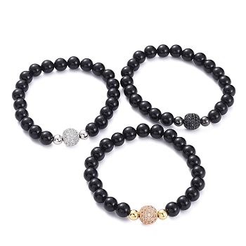 Stretch Bracelets, with Natural Black Agate Beads, Brass Cubic Zirconia Beads, Brass Spacer Beads and Elastic Crystal Thread, Mixed Color, 2-1/4 inch(5.58cm)