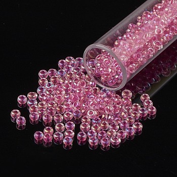8/0 Grade A Round Glass Seed Beads, Transparent Inside Colours, AB Color Plated, Hot Pink, 3x2mm, Hole: 1mm, about 10000pcs/pound