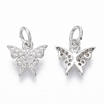Brass Micro Pave Cubic Zirconia Charms, with Jump Ring, Nickel Free, Butterfly, Clear, Real Platinum Plated, 9.5x10x2mm, Hole: 3mm