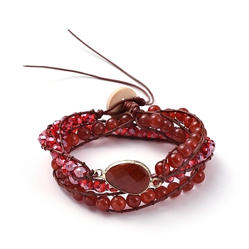 Faceted Glass & Natural Carnelian(Dyed & Heated) Beaded Wrap Bracelets, with Cowhide Leather Cord and Burlap, Teardrop, 570x7mm