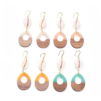 Dangle Earrings, with Resin & Wood Pendants, Cowrie Shell, Golden Plated Brass Earring Hooks, Copper Wire and Cardboard Packing Box, Teardrop, Mixed Color, 90mm, Pin: 0.7x1mm