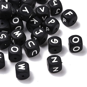 Silicone Beads, Cube with Random Mixed Letters, Black, 12x12x12mm, Hole: 2mm
