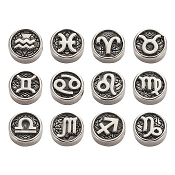 24Pcs 12 Style 304 Stainless Steel Enamel Beads, Flat Round with Constellation, Antique Silver, Black, 12 Constellations, 10x4mm, Hole: 1.8mm, 2pcs/style