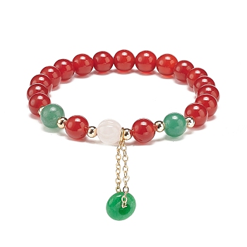 Natural Carnelian(Dyed & Heated) & Green Aventurine & Rose Quartz Round Beaded Stretch Bracelet, Natural Malaysia Jade(Dyed) Pi Disc Tassel Charm Bracelet for Women, Red, Inner Diameter: 2 inch(5.2cm)