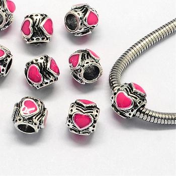 Enamel Alloy European Beads, Large Hole Beads, Drum, Antique Silver, Camellia, 9x8mm, Hole: 4.5mm