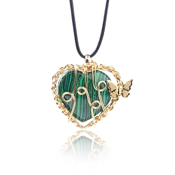 Synthetic Malachite Metal Wire Wrapped Heart Pendants, Golden Plated Butterfly Charms, 42x37mm