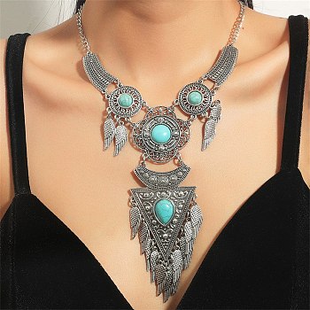Bohemia Style Alloy Bib Necklace, Triangle & Wing & Flower Acrylic Imitation Turquoise Pendant Necklaces , Antique Silver, 18.31 inch(46.5cm)