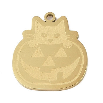 Halloween 304 Stainless Steel Pendants, Pumpkin Cat Charm, Golden, 24x21.5x1.5mm, Hole: 1mm