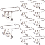 12Pcs Witch Hat and Broom Charm Pendant Brooches, Steel Heavy Duty Safety Pins Brooches, Antique Silver & Platinum, 45mm(JEWB-FH00018)