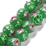 Handmade Lampwork Bumpy Beads Strands, Round with Flower Pattern, Sea Green, 12~12.5x11~11.5mm, Hole: 1.4mm, about 45pcs/strand, 20.16''(51.2cm)(LAMP-A005-01C)