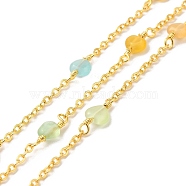 Handmade Cat Eye Beaded Chains, Real 18K Gold Plated Brass Cable Chains, with Spool, Cadmium Free & Lead Free, Heart, Mixed Color, Link Chain: 14x6x3mm, Heart: 14x6x3mm(CHC-M024-15G-01)