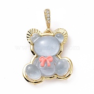 Translucent Resin Pendants, Bear with Bowknot Charm, with Brass Micro Pave Clear Cubic Zirconia, Cadmium Free & Lead Free, Real 18K Gold Plated, Light Steel Blue, 28x25x8mm, Hole: 4.5x7mm(KK-G406-50G-04)