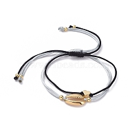 Adjustable Nylon Thread Braided Bead Bracelet Sets, with Brass Heart Bead Bracelets and 304 Stainless Steel Cowrie Shell Pendant Bracelets, Golden, 3-5/8 inch(92mm), 3-7/8 inch(100mm), 2pcs/set(X-BJEW-JB05039-01)