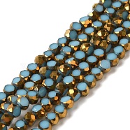 Electroplate Glass Beads Strands, Opaque Solid Color, Half Golden Plated, Faceted, Flat Round, Light Sky Blue, 4~4.5x3mm, Hole: 1mm, about 71~75pcs/strand, 10''~10.43''(25.4~26.5cm)(EGLA-P061-01A-01)