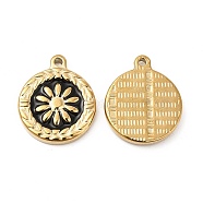 Vacuum Plating 201 Stainless Steel Enamel Pendants, Real 18K Gold Plated, Flat Round with Flower Charm, Black, 22x13x3.5mm, Hole: 1.4mm(STAS-J401-VC1057)