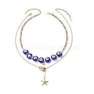 2Pcs 2 Style Brass Shell with Star Pendant Lariat Necklaces Set, Natural Quartz Crystal & Lampwork Evil Eye Beaded Stackable Necklaces for Women, Golden, 16.61~19.37 inch(42.2~49.2cm), 1Pc/style(NJEW-JN04208)