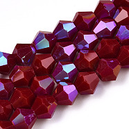 Opaque Solid Color Electroplate Glass Beads Strands, AB Color Plated, Faceted, Bicone, Dark Red, 6x5.5mm, Hole: 1.2mm, about 45~47pcs/strand, 10.24~10.63 inch(26~27cm)(EGLA-A039-P6mm-L22)