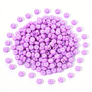 Opaque Acrylic Beads, Flat Round with White Heart & Flower & Moon & Star, Lilac, 7x4mm, Hole: 1.6mm, 200pcs/set(MACR-YW0001-18B)