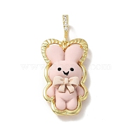 Opaque Resin Pendants, Large Hole Pendant, with Real 18K Gold Plated Brass Findings & Clear Cubic Zirconia, Cadmium Free & Lead Free, Rabbit with Lavender Blush Bowknot, Pink, 34.5x19x8mm, Hole: 4.5x7mm(KK-G406-13G-01)