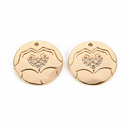 Brass Micro Pave Clear Cubic Zirconia Charms, Nickel Free, Flat Round with Heart, Real 18K Gold Plated, 14x1.5mm, Hole: 1mm(KK-T062-137G-NF)