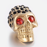 304 Stainless Steel Rhinestone Beads, Large Hole Beads, Skull Head, Ruby, Golden, 21.5x13x13mm, Hole: 6mm(STAS-H446-90G)