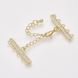 Brass Micro Pave Cubic Zirconia Chain Extender, Necklace Layering Clasps, with 5 Strands 10-Hole Ends and Lobster Claw Clasps, Nickel Free, Clear, Real 18K Gold Plated, 50mm, Clasp: 10x6x2.5mm, Extend Chain: 40x3mm, End: 8.5x27x2mm, Hole: 1.2mm(ZIRC-Q022-030G-NR)