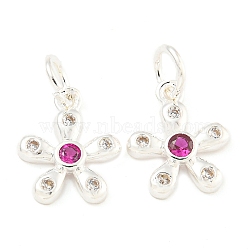 Rack Plating Brass Micro Pave Clear Cubic Zirconia Charms, Long-Lasting Plated, Lead Free & Cadmium Free, Flower, with Jump Ring, Deep Pink, Silver, 13.5x11x2mm, Hole: 4mm(KK-F089-07S)