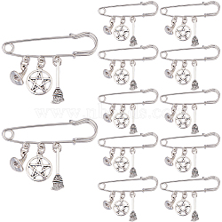 12Pcs Witch Hat and Broom Charm Pendant Brooches, Steel Heavy Duty Safety Pins Brooches, Antique Silver & Platinum, 45mm(JEWB-FH00018)