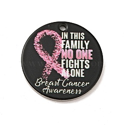 Breast Cancer Pink Awareness Ribbon Style 201 Stainless Steel Pendants, Flat Round, Stainless Steel Color, Black, 25x1mm, Hole: 1.8mm(STAS-J041-03A)