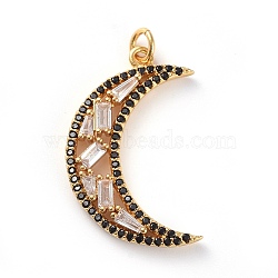 Brass Micro Pave Cubic Zirconia Pendants, with Jump Rings, Moon, Clear & Black, Golden, 28x18x3.5mm, Hole: 3mm(ZIRC-G157-26G)