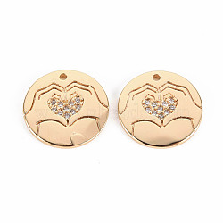 Brass Micro Pave Clear Cubic Zirconia Charms, Nickel Free, Flat Round with Heart, Real 18K Gold Plated, 14x1.5mm, Hole: 1mm(KK-T062-137G-NF)