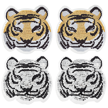 Computerized Embroidery Sew on Patches, Reversible Sequin Appliques, Tiger's Head, Yellow, 220x194x1.2mm