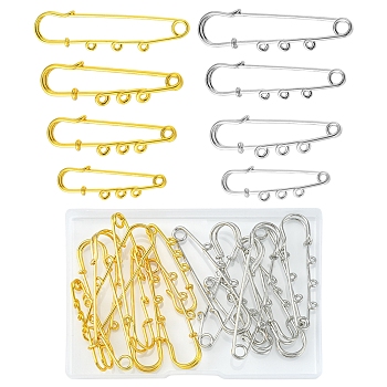 16Pcs 8 Style Stainless Steel Safety Pins Brooch Findings, Kilt Pins with 3 Loop, Golden & Stainless Steel Color, 50~70x14.6x1.5mm, 2Pcs/style