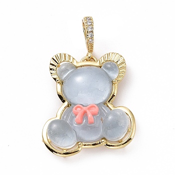 Translucent Resin Pendants, Bear with Bowknot Charm, with Brass Micro Pave Clear Cubic Zirconia, Cadmium Free & Lead Free, Real 18K Gold Plated, Light Steel Blue, 28x25x8mm, Hole: 4.5x7mm