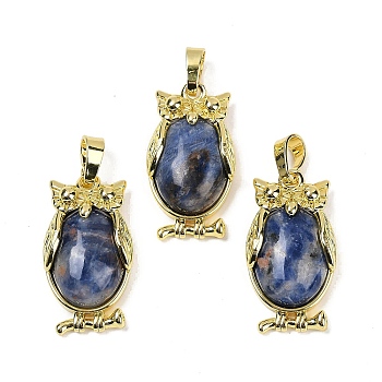 Natural Sodalite Pendant, with Brass Findings,  Lead Free & Cadmium Free, Long-Lasting Plated, Owl, 28.5x15.5x7mm, Hole: 5x8mm