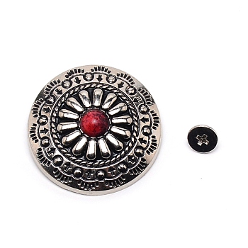 1-Hole Alloy & Turquoise Buttons, Flat Round with Chrysanthemum Pattern, for DIY Luggage and Hardware Accessaries, Red, 30x8.8~9.3mm, Hole: 2.5mm