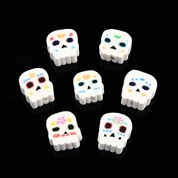 Handmade Polymer Clay Beads, Skull, Mixed Color, 8.5~12x8.5~10.5x4~5mm, Hole: 1.4~1.6mm