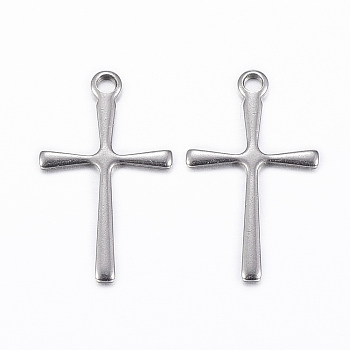 304 Stainless Steel Pendants, Cross, Stainless Steel Color, 16x9.5x0.5mm, Hole: 1mm