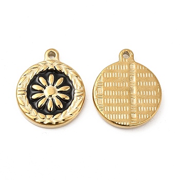 Vacuum Plating 201 Stainless Steel Enamel Pendants, Real 18K Gold Plated, Flat Round with Flower Charm, Black, 22x13x3.5mm, Hole: 1.4mm