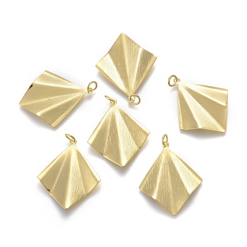Rack Plating Brass Pendants, with Jump Rings, Textured, Rhombus, Golden, 32x26.5x2.5mm, Hole: 3.5mm