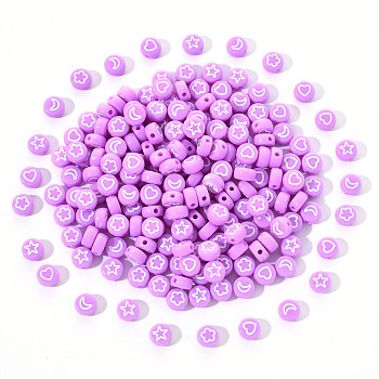 Opaque Acrylic Beads, Flat Round with White Heart & Flower & Moon & Star, Lilac, 7x4mm, Hole: 1.6mm, 200pcs/set