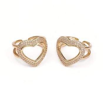 Adjustable Brass Micro Pave Clear Cubic Zirconia Cuff Rings, Open Heart Rings, Long-Lasting Plated, Golden, Size 6, 16mm
