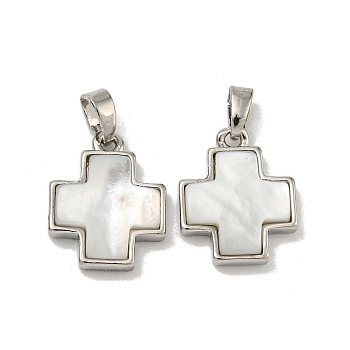 Rack Plating Brass Natural White Shell Pendants, Cross, Platinum, 15.5x12.5x3mm, Hole: 5X2.5mm